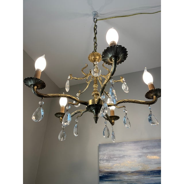 Solid Brass Floral Chandelier With Crystals (C. 1920s-1940s) For Sale - Image 4 of 4