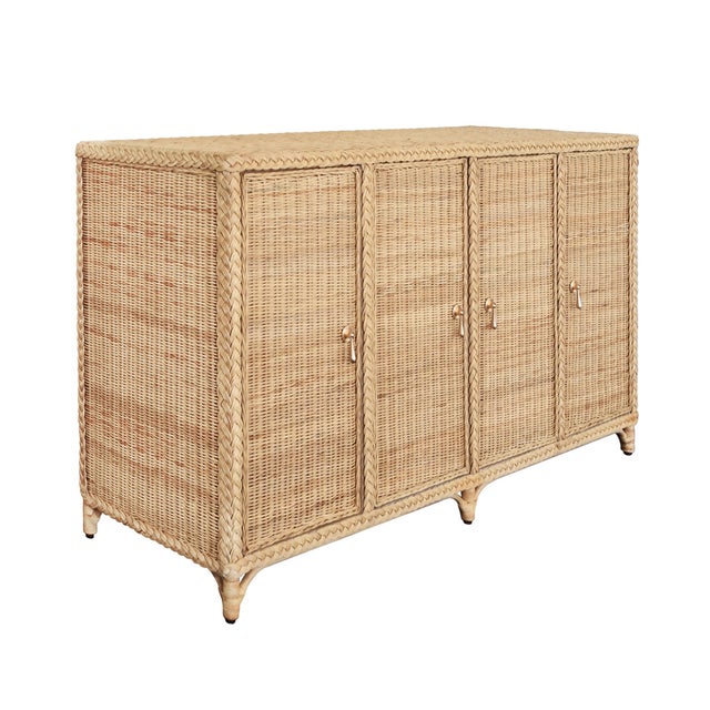 Contemporary Matthew Izzo Home Evander Wrapped Rattan Four Door Buffet With Satin Brass Door Pulls For Sale - Image 3 of 8