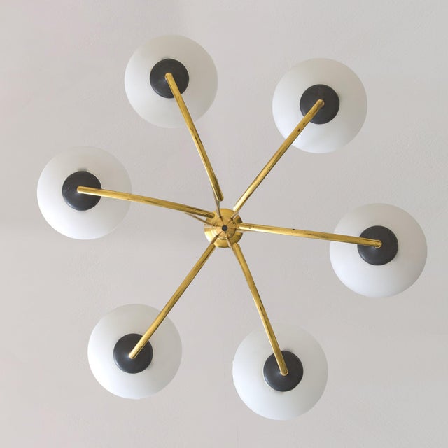 Italian Brass + Opaline Glass Chandelier in the Manner of Stilnovo, 1950s For Sale - Image 12 of 12