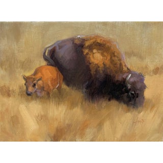 Spring Range by Lani Vlaanderen | Oil on canvas Bison and prairie dog in a grassy landscape. For Sale