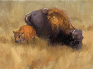 Spring Range by Lani Vlaanderen | Oil on canvas Bison and prairie dog in a grassy landscape.
