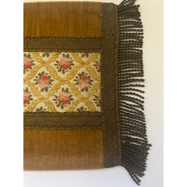 Vintage gold velvet fabric with trim. Hand made with finished back. Gold fringe on both ends.