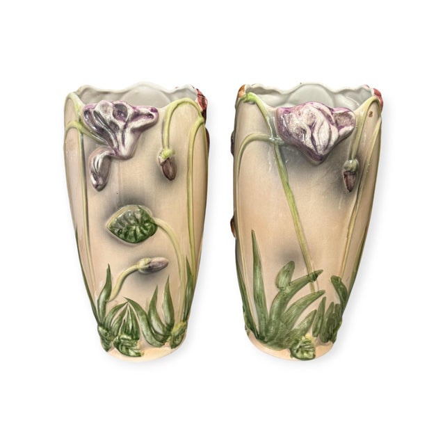 Large Art Nouveau Majolica Relief Floral Vases, 1890s, Set of 2 For Sale - Image 6 of 6