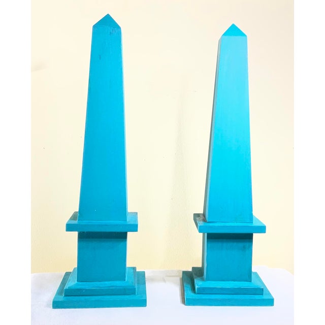 Pair of Hand-Painted Solid Wood Decorative Obelisks – Vibrant Turquoise Color For Sale - Image 11 of 15