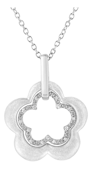 Matte Finished .925 Sterling Silver Diamond Accent Double Flower Shape 18" Satin Finished Pendant Necklace (I-J Color, I1-I2 Clarity)