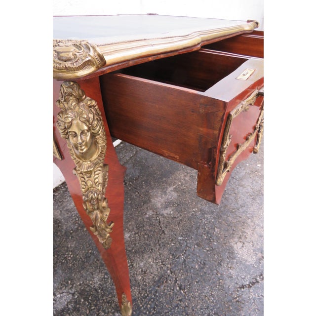 Late 20th Century French Green Leather Top With Metal Accent Large Partner Desk 6117 For Sale - Image 5 of 18
