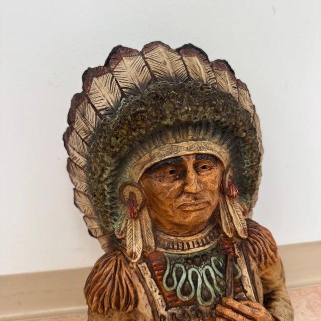 Vintage 1973 Hand Carved Wood Native American Indian Chief Statue 24" Signed For Sale - Image 14 of 14