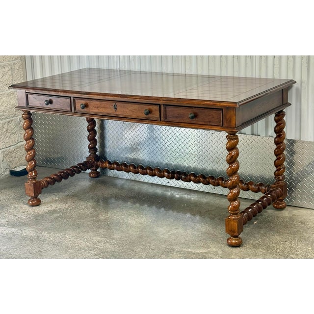 Spanish Revival Vintage Rustic Barley Twist Writing Desk For Sale - Image 3 of 12