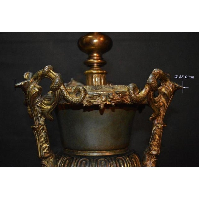 Gothic Revival Bronze Three-Handled Urn Table Lamp with Vianne Flame Shade For Sale - Image 15 of 18