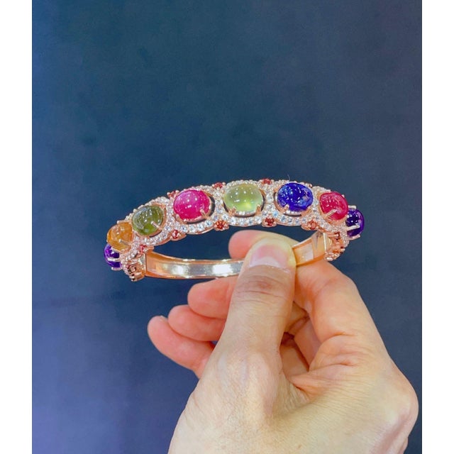 Bochic “Capri” Red Ruby & Multi Color Sapphires Bangle Set In 18K Gold & Silver For Sale - Image 6 of 12