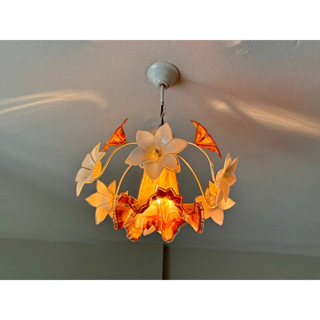 Vintage Italian Murano Style Handblown Swirl Ruffled Shade Pendant, Vintage Amber Brown & White Glass Botanical Chandelier For Sale - Image 10 of 16