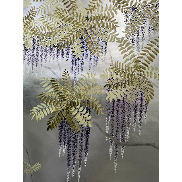 Silver Leaf Wisteria Hand Painted Wallpaper Panels - 4 Panels For Sale - Image 4 of 7