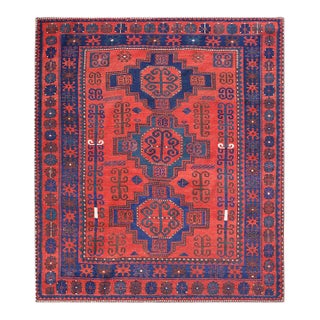 1930s Red Rust Geometric Tribal Hand Knotted Antique Caucasian Kazak Rug 6' X 7' Wool Carpet For Sale