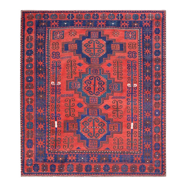 1930s Red Rust Geometric Tribal Hand Knotted Antique Caucasian Kazak Rug 6' X 7' Wool Carpet For Sale
