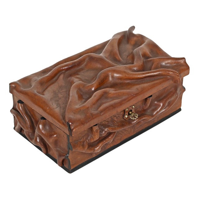 Large Draped Leather and Brass Decorative Box in the style of Adnet, Italy, 1960s For Sale