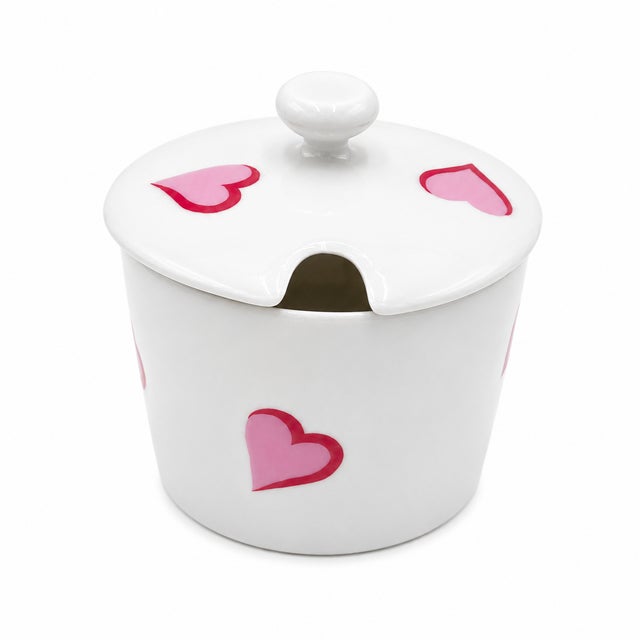 Mid-Century Modern Mid 20th Century D. Porthault Paris Les Coeurs Pink Hearts Limoges Porcelain Honey Pot With Lid For Sale - Image 3 of 10