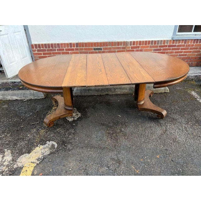 19th Century Regency Style Tiger Oak Round Dining Table With 4 Leaves. For Sale - Image 9 of 12