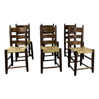Brutalist Italian Wooden and Straw Chairs, 1970s, Set of 6 For Sale