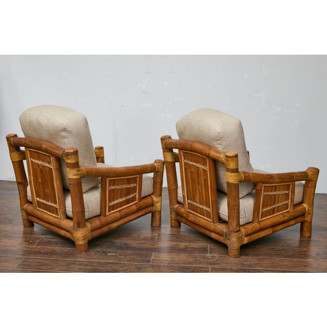 Mid-Century Modern Midcentury Bamboo Lounge Chairs with Ottoman, Rattan Accents, and Linen Fabric For Sale - Image 3 of 12