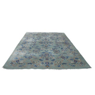 1980s Vintage Kashan Floral Blue & Gold Wool Area Rug - 9' X 13' For Sale