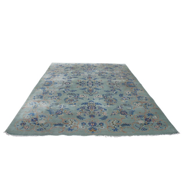 1980s Vintage Kashan Floral Blue & Gold Wool Area Rug - 9' X 13' For Sale