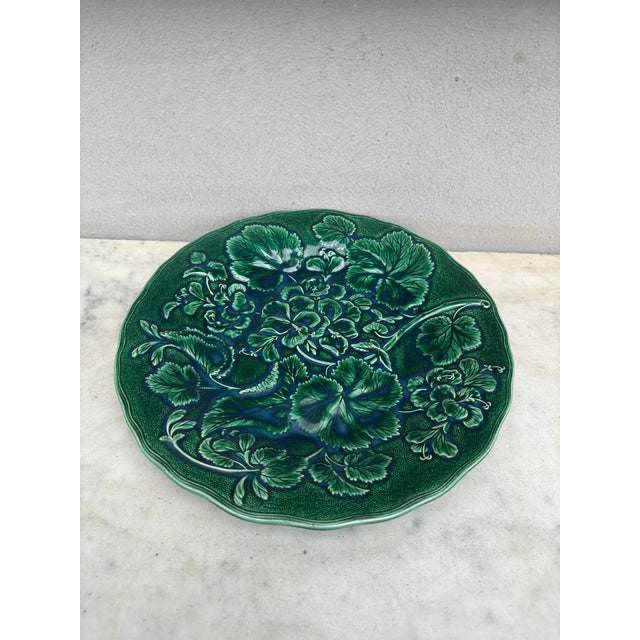 English Green Majolica Geranium Plate, Circa 1880.