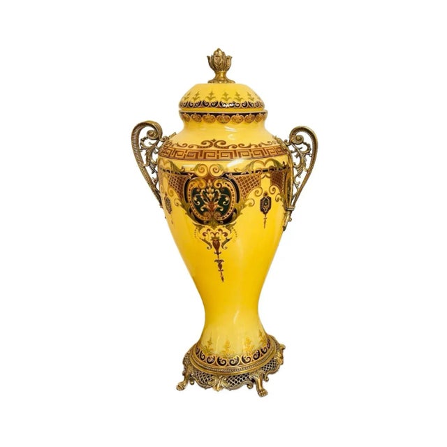 French style reverse painted glass urn in warm yellow. I have 2 available for purchase, each sold separately. Ormolu...
