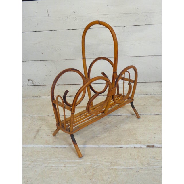 1960s Bamboo and Wicker Magazine Rack with Scrolls, 1960s For Sale - Image 5 of 10