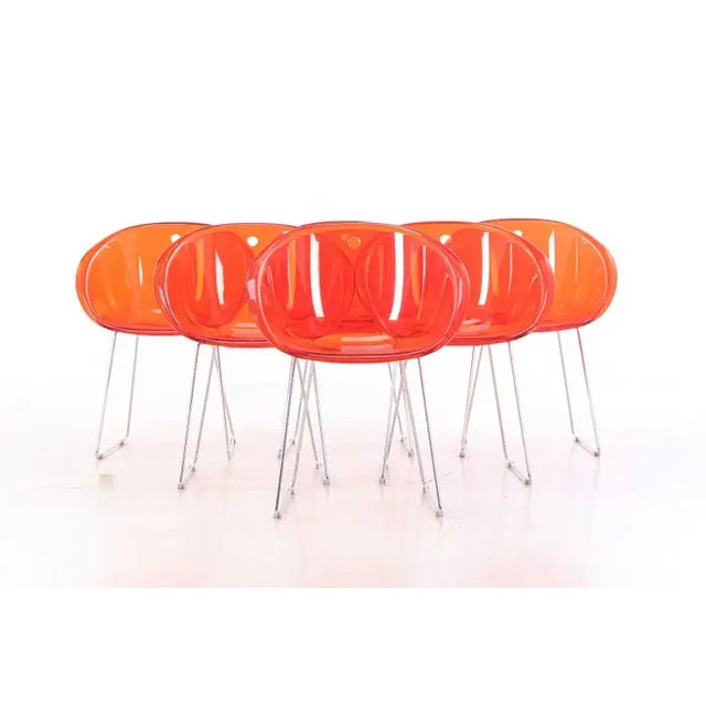 Plastic Set of Six Dining Chairs Model Gliss in Orange Polycarbonate Attributed to Pedrali For Sale - Image 7 of 7