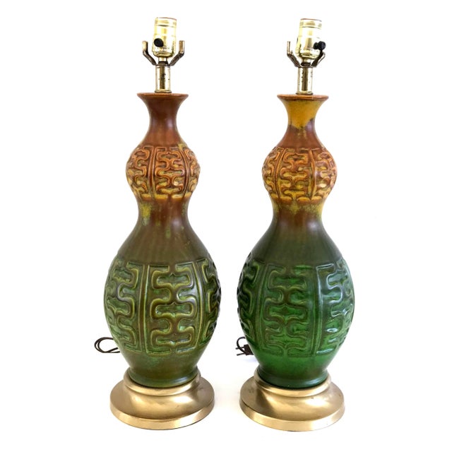 Mid Century Modern Green & Amber Ceramic Table Lamps - a Pair For Sale - Image 4 of 9