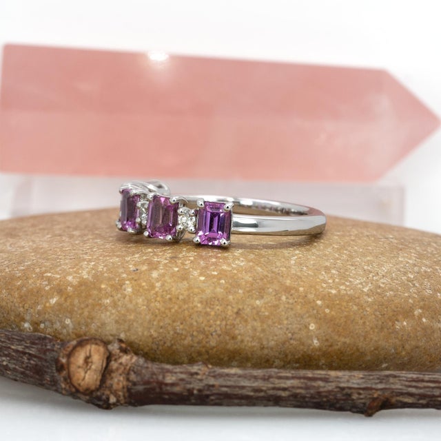 Metal 1.49Ct Pink Sapphire & Diamond Band in Solid 14k Gold - Emerald Cut 4x3mm, Size 6.75 For Sale - Image 7 of 9