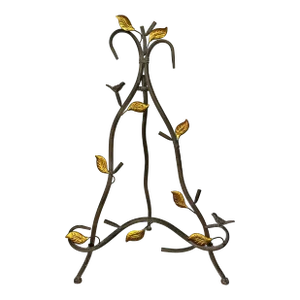 Vintage Metal Aged Finish Tree Branch Easel W/ Birds and Gilt Leaves