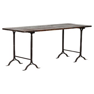 19th Century Iron & Pine Trestle Table, 1890s For Sale