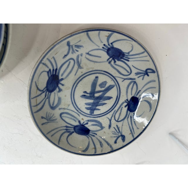 Collection Vintage Chinese Blue & White Porcelain Small Plates Calligraphy Longevity Symbol Decorative Saucers – Set of 9 For Sale In Chicago - Image 6 of 12