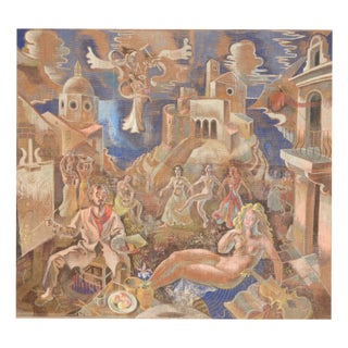 Michel Jamar, Michel Jamar, großformatiges Gemälde, Tapisserie, um 1950, mediterrane Küstenszene, Canvas For Sale