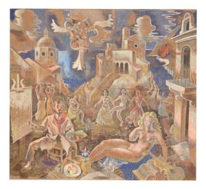 Michel Jamar, Michel Jamar, großformatiges Gemälde, Tapisserie, um 1950, mediterrane Küstenszene, Canvas
