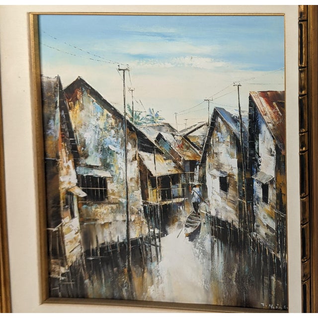 Wood Mid 20th Century Attributed to Trần Quang Hiếu, Signed Vietnamese Stilt Village Oil Painting For Sale - Image 7 of 18