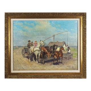Stopping to Water the Driven Horses Figurative by Janos Viski For Sale