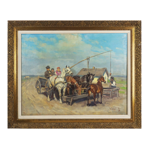 Stopping to Water the Driven Horses Figurative by Janos Viski