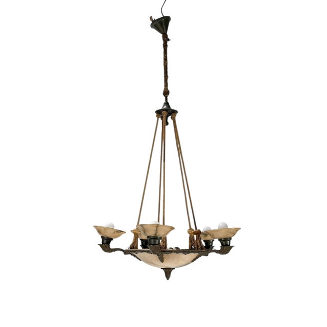 Art Deco French Alabaster Chandelier, 1930s For Sale - Image 4 of 17