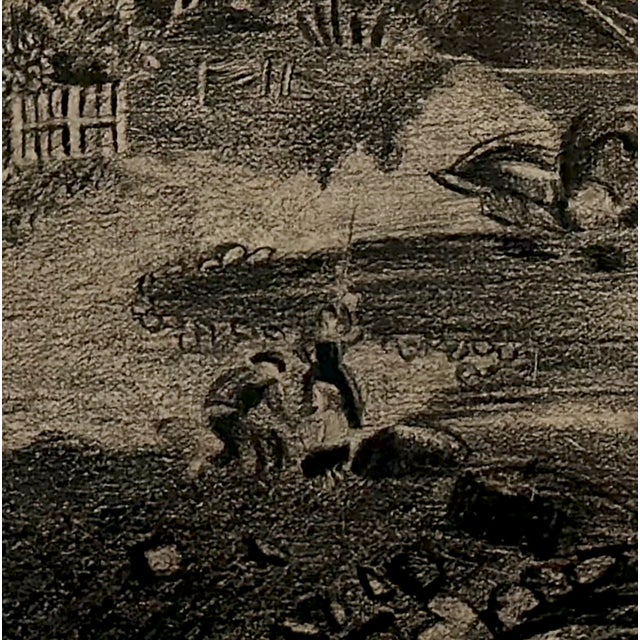 Rustic European Antique Black and White Landscape Original Print on Paper, Signed by Artist With Custom Mat For Sale - Image 3 of 4