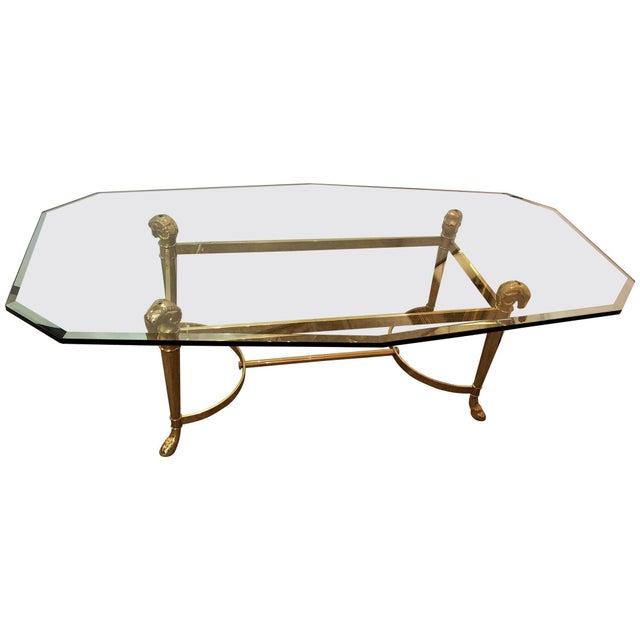 Jansen Octagon Glass Top Coffee Table, Solid Brass, Rama Head, Hollywood Regency For Sale - Image 4 of 8