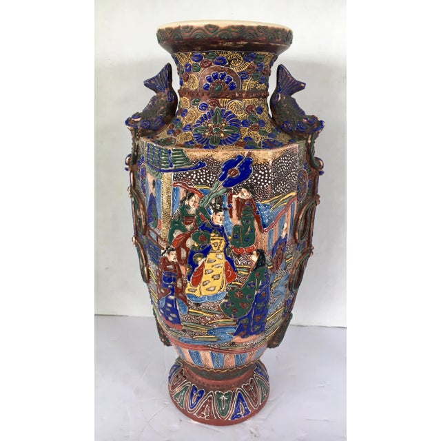 Coveted raised ceramic Satsuma style Japanese Urn. Vivid and vibrant colors throughout.