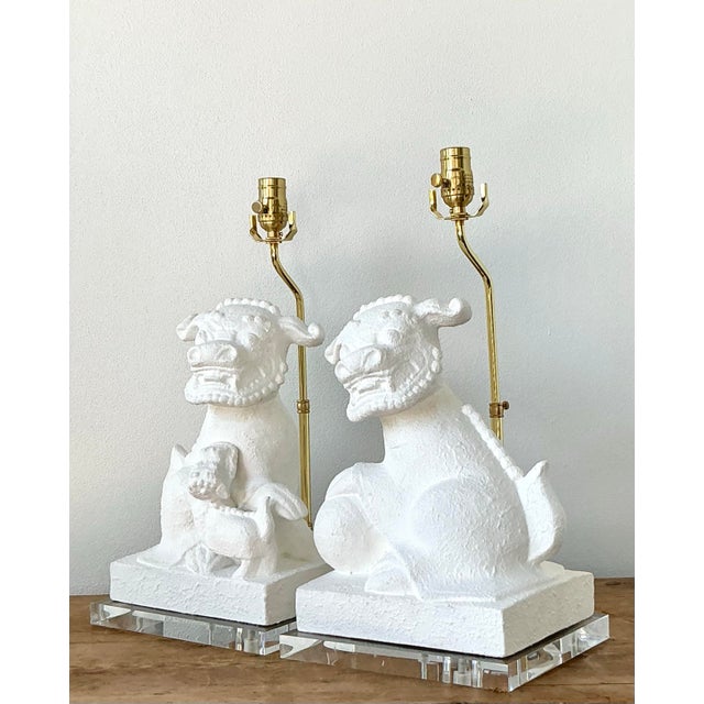 Vintage Asian Textured Foo Dog Lamps - A Pair For Sale - Image 4 of 12