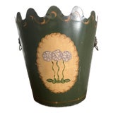 Vintage Hand Painted Scalloped French Tole Wastebasket/Cachepot With Brass Lionhead Handles For Sale