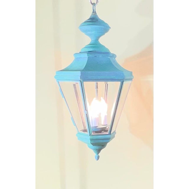 Vintage Solid Brass Hanging Lantern Hexagonal 3-Light Pendant With Verdigris For Sale - Image 10 of 14