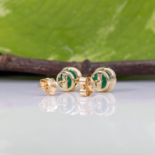Metal 1.6Ct Zambian Emerald Solitaire Stud Earrings in Solid 14k Gold, Bezel Set 6mm For Sale - Image 7 of 7