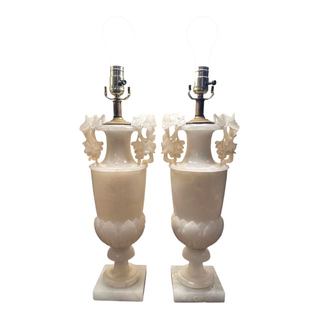 1920s Large Pair of Hand-Carved French Alabaster Neoclassical Urn Table Lamps For Sale