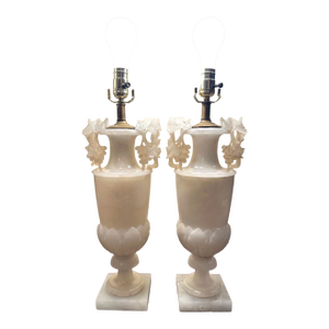 1920s Large Pair of Hand-Carved French Alabaster Neoclassical Urn Table Lamps