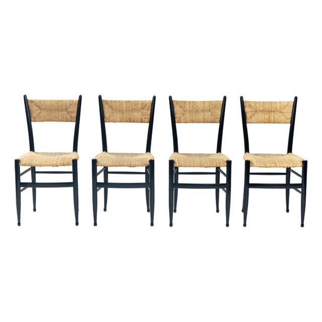 Spinetto Dining Chairs in Ebonised Straw by Chiavarine Fratelli, 1950s, Set of 4 For Sale